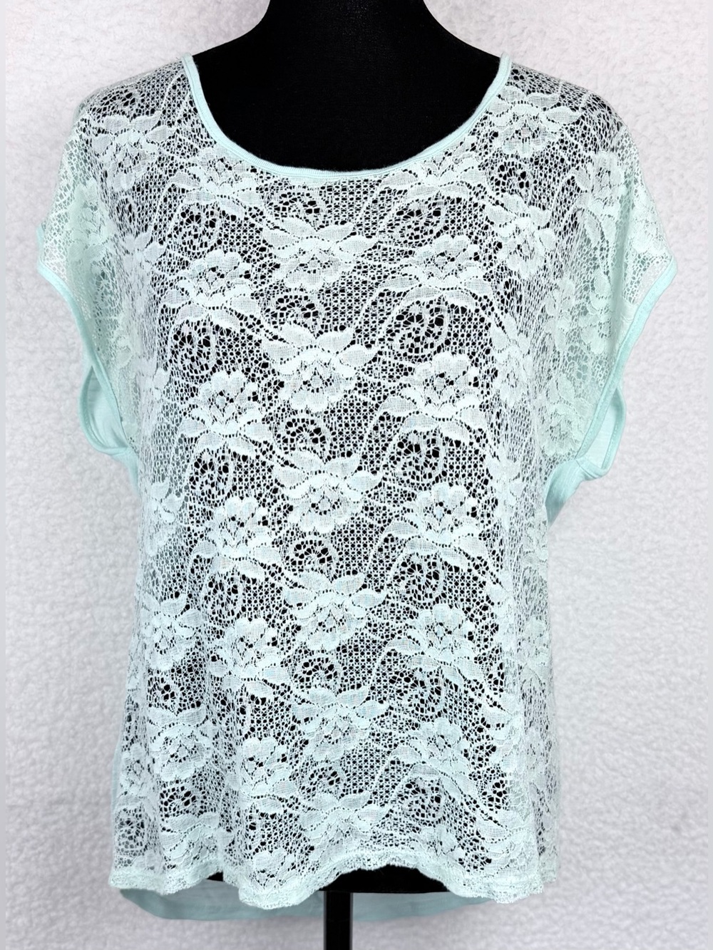 CHLOE K • Minty Blue Floral Lace Open-Back Short Sleeve Blouse Top, L - Picture 2 of 11